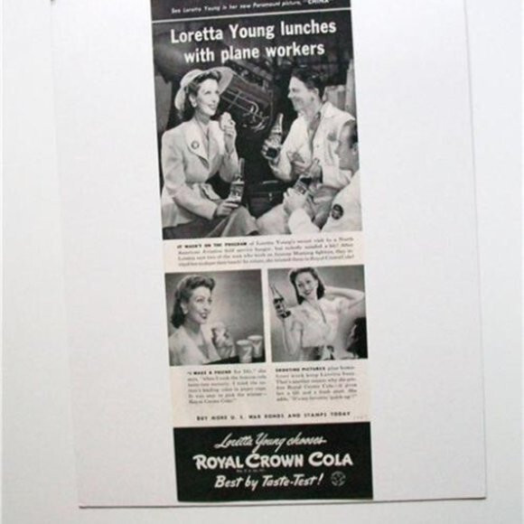Vintage ROYAL CROWN COLA Ad 1943 Loretta Young WW2 Soda Pop Ephemera Frameable
