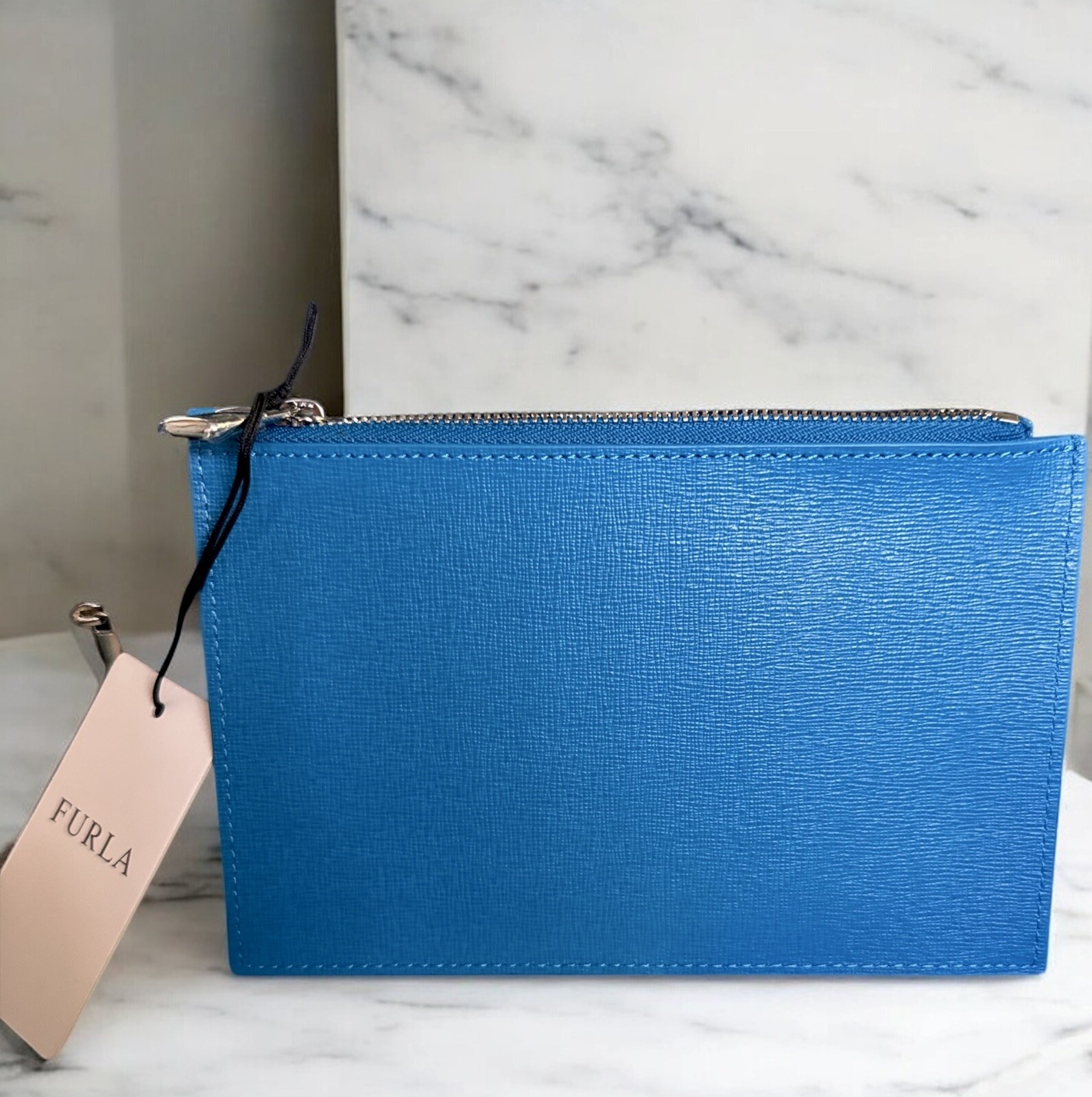 Furla Babylon Leather Pouch With Dust Bag NWT Rare Blue image 7