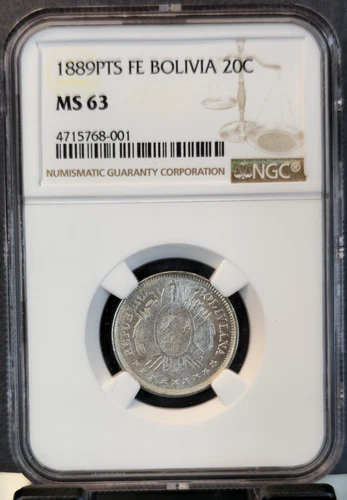1889 PTS FE BOLIVIA SILVER 20 CENTAVOS COAT OF ARMS NGC MS 63 BEAUTIFUL COIN