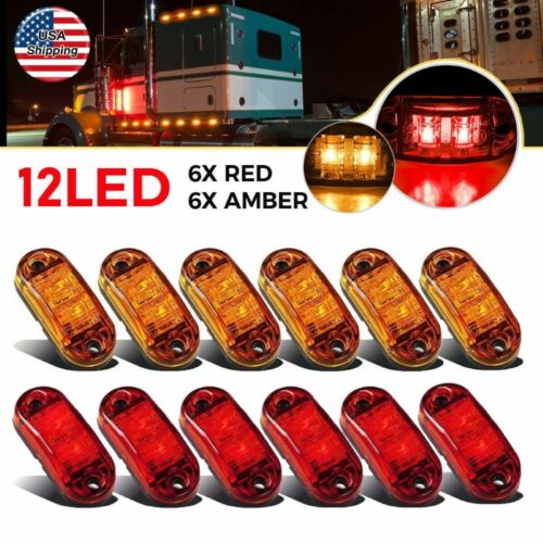 12PCS Marker Lights 2.5&#034; LED Truck Trailer Oval Clearance Side Light Amber Red
