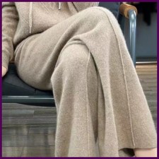 Women Merino Wool Wide Leg Pants Soft Warm Cashmere Knit Trousers Winter Casual