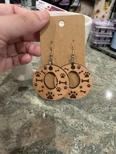Dog Bones And Paws Handmade Wood Earrings Laser Engraved Dangles