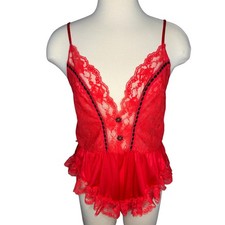 Vintage Red Lace Nylon Ruffles Black Ribbon Teddy Bodysuit Lingerie Size Medium