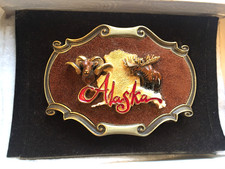Vtg enamel Brass Belt Buckle Alaska 1978 By Rain Tree Ram/Moose on suade
