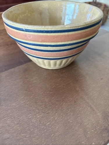 Red Wing Pink & Blue Banded Yellow Ware Bowl Red Wing Stoneware 6.25”