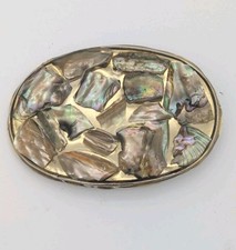 Vintage Mexico Abalone Shell Inlay Silver Alpaca Oval Belt Buckle Unique