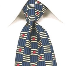 Vintage Hugo Boss Mens Silk Tie Italy Blue Beige Red Geometric 4"x 57"