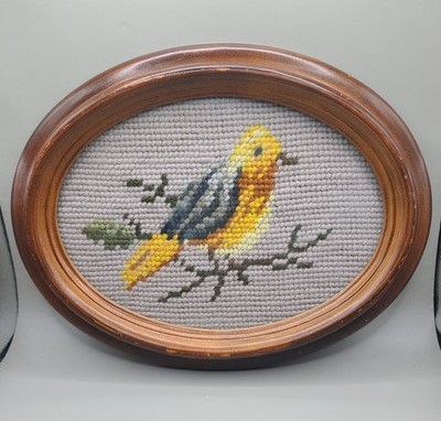 Vtg Handmade Needlepoint Yellow Bird Oval Framed Picture 8.5 X 6.5''