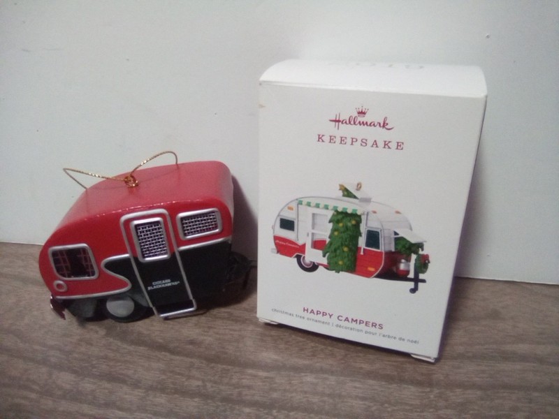 2 Camper Ornament Lot Hallmark Happy Campers & Chicago Blackhawks Tin Ornament