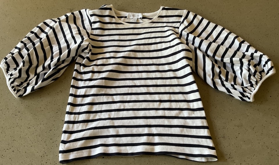 Witchery Navy Blue White Stripe 3/4 Puff Sleeve Top T Tee Shirt Blouse Size XS 8