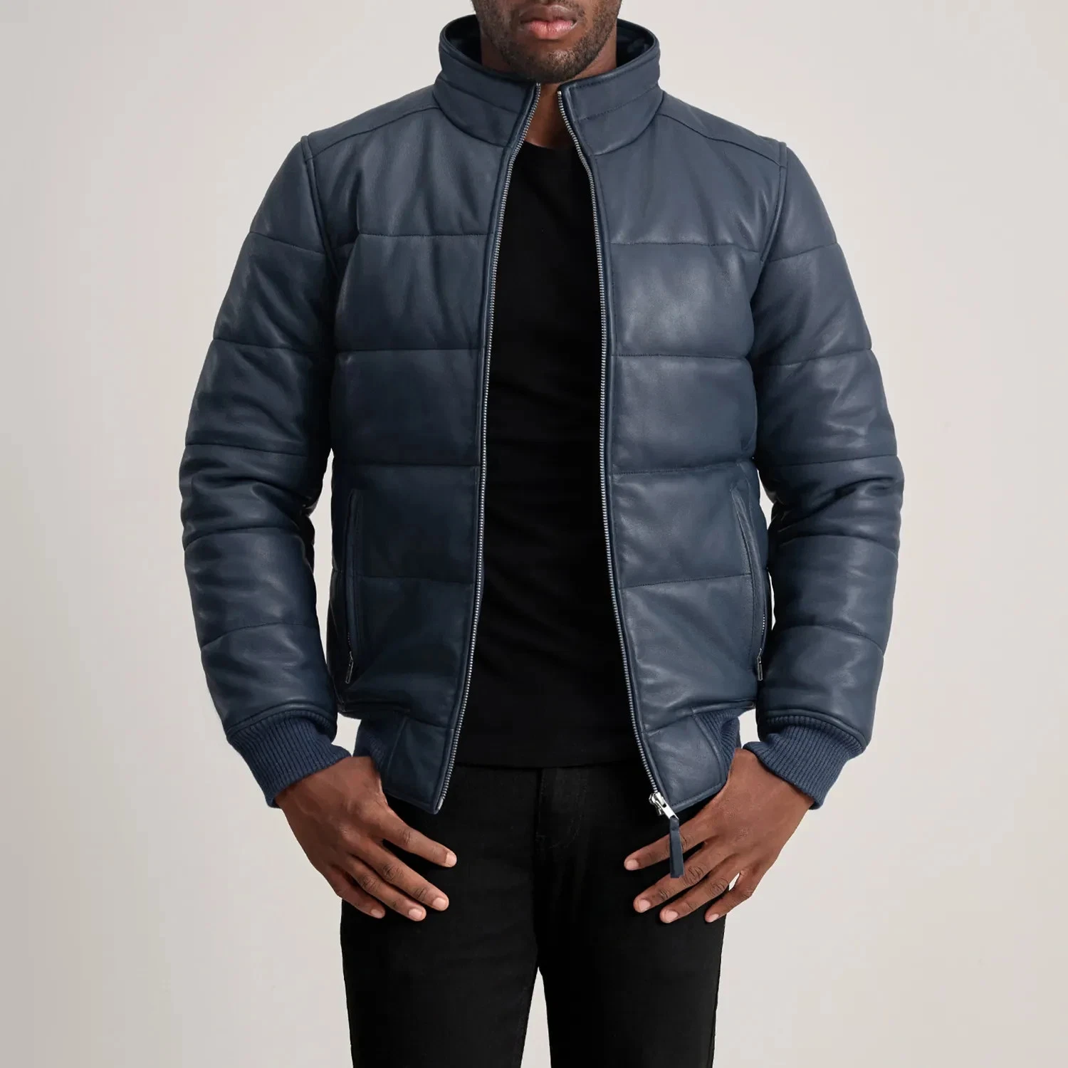Men Blue Leather Puffer Bomber Jacket Vintage Style Motorcycle Jacket