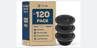 TIYA Food Bowls - 36 oz Bulk 120 Pack with Lids Black Plastic To-Go Containers