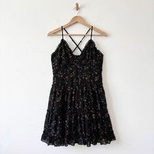 Faded Rose Black Floral Tiered Mini Dress V-Neck Ruffle Strappy Large Dark Fairy