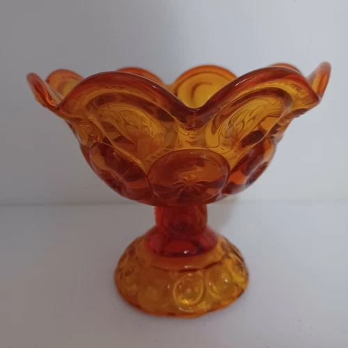 Vintage L E Smith Moon Stars Amberina Pedestal Compote Candy Dish Ruffled Edge