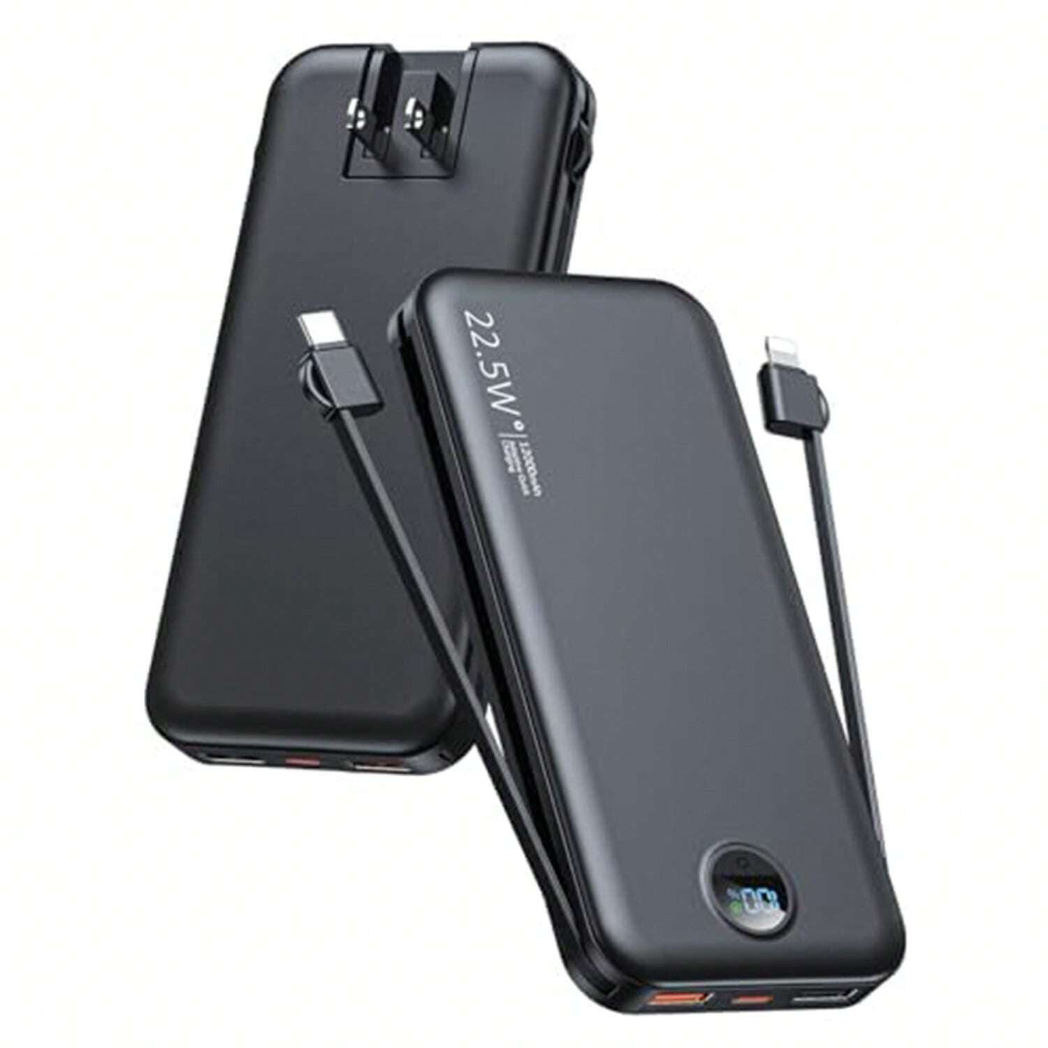 12000mAh Ultra Slim Portable Charger with Built-in Cables & AC Plug Fast Charging Power Bank