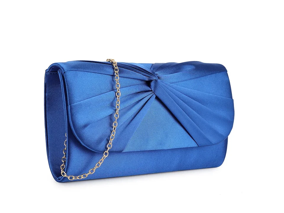 Women's Satin Pleated Clutch Bag Evening Bridal Wedding Party Prom Handbag Chain - Image 3 of 4