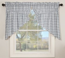 36" L Drawstring Prairie Swag Set Denim Blue & White Farmhouse Plaid Sawyer Mill