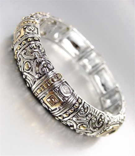 NEW Designer BALINESE Silver Gold Filigree Smoky Brown Crystals Stretch Bracelet - Picture 3 of 4