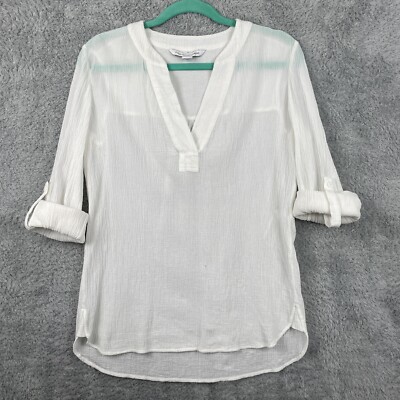 diane von furstenberg top Small White Crepe Semi Sheer Roll Tab Beachy FLAW
