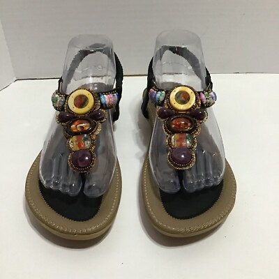 Siketu Womens Brown Flat Ankle Thong Sandals With Top Multicolor Stones  Size