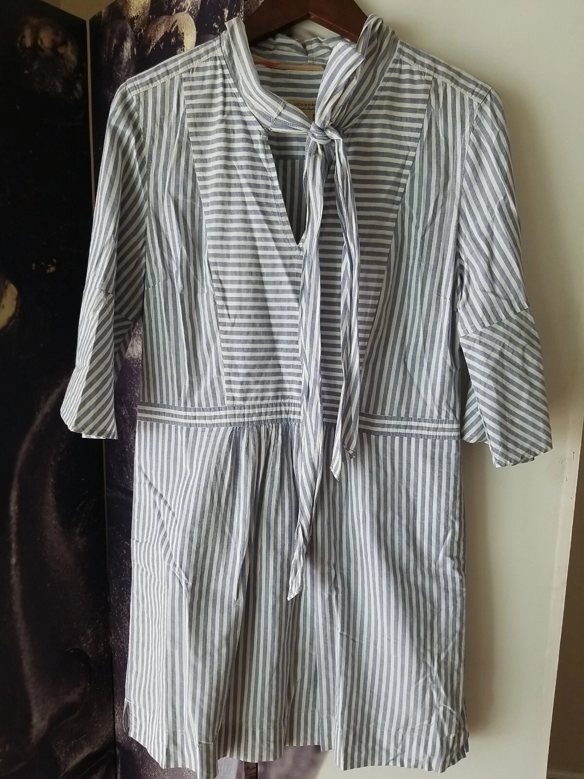 Abito donna Burberry scollo a V blu bianco a righe manica 3 4 cotone US 10 TP01