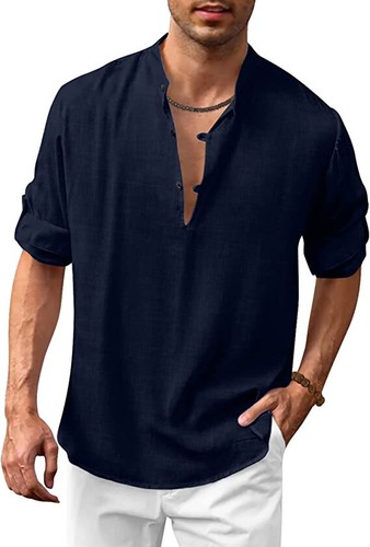 Camiseta Henley de manga larga para hombre Camisa informal de lino de algodón Camisas hippies de playa - Imagen 28 de 31