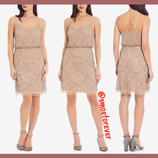 NEW Adrianna Papell Sequin Mesh Blouson Dress in Taupe Pink [SZ 16 ] #M189