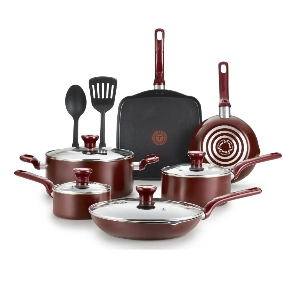 12-Piece T-fal Easy Care Non-Stick Cookware Set, Pots and Pans, Red