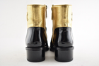 Chanel 18B Gold Black Patent Suede CC Logo Zipper Zip Short Ankle Bootie Boot 35