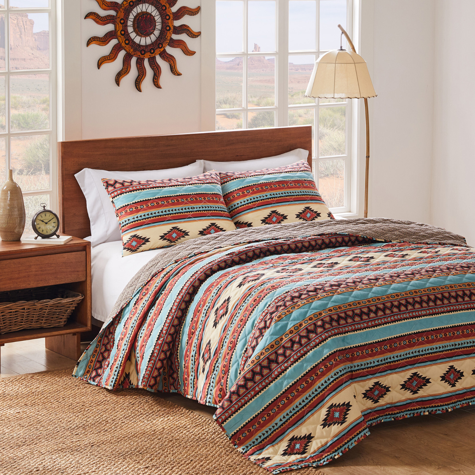 SOUTHWESTERN RED ROCK 3pc Queen QUILT SET : BROWN TURQUOISE SOUTHWEST NATIVE