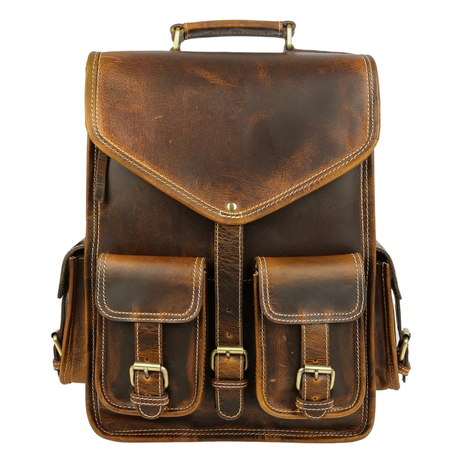 Handmade Vintage 100% Pure Buffalo Leather Backpack Rucksack Travel College Bag - Image 4 of 4