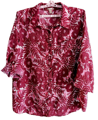 WHITE STAG Womens 2X Button-down Crinkled Tunic Blouse Cranberry & Pink Floral