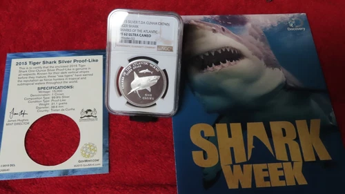 2015 Tristan Da Cunha Shark Week Tiger Shark .999 1 oz Silver NGC PF62