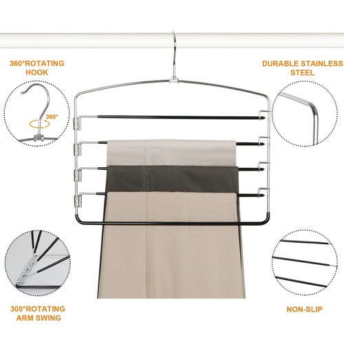 Pant Hangers 3 Pack Hanger Space Saving Non Slip 5 Tier Swing Arm Pants Space... - Picture 5 of 7
