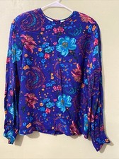 Vintage 90s Liz Claiborne 100 Silk Blouse Button Back Bright Blue Floral Sz 6