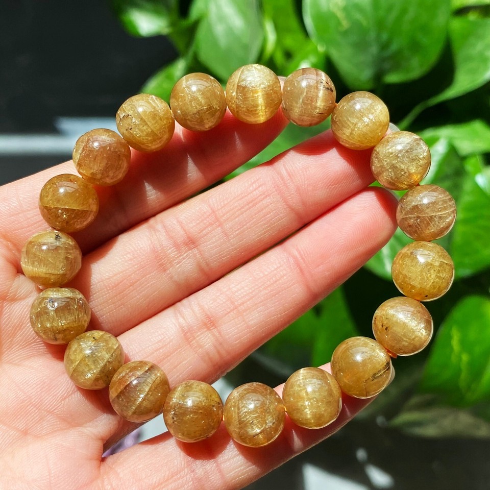 10mm Natural Yellow Kunzite Crystal Round Cat's Eye Beads Bracelet B560