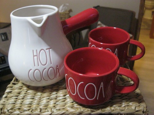 RAE DUNN White COCOA POT Pitcher 2 RED STACKABLE COCOA MUGS 3 COCOA TOWELS NEW - Picture 3 of 9