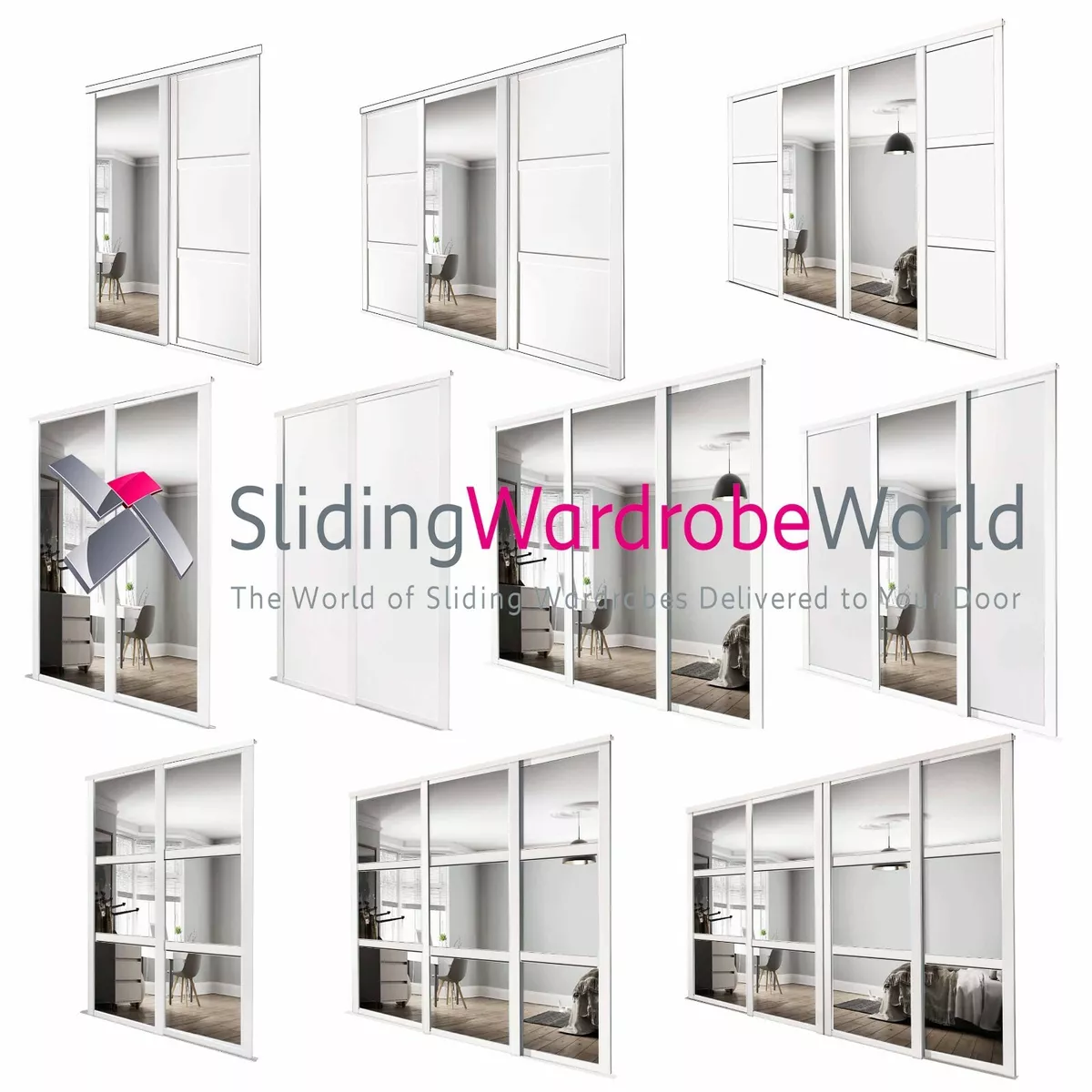 Shaker WHITE Mirror SpacePro Sliding Wardrobe Door Kits tracks