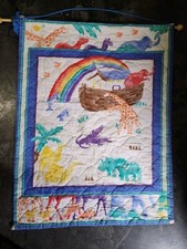 Vintage Noah's Ark Quilted Blanket Wall Hanging Rainbow Animals