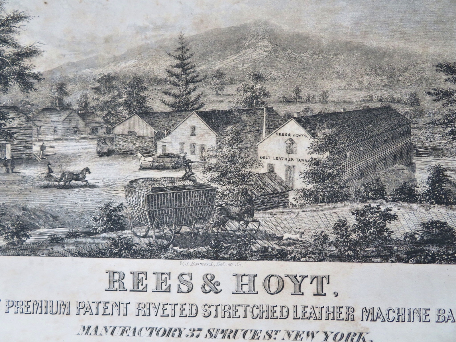 Rees & Hoyt New York Tannery & Leather Makers Ad c.1850 engraved factory view