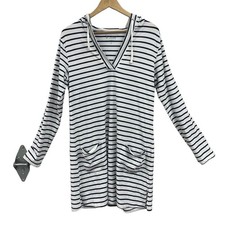 Coolibar Blue White Stripe UPF 50 Plus Hood Long Sleeve Beach cover up Tunic Med