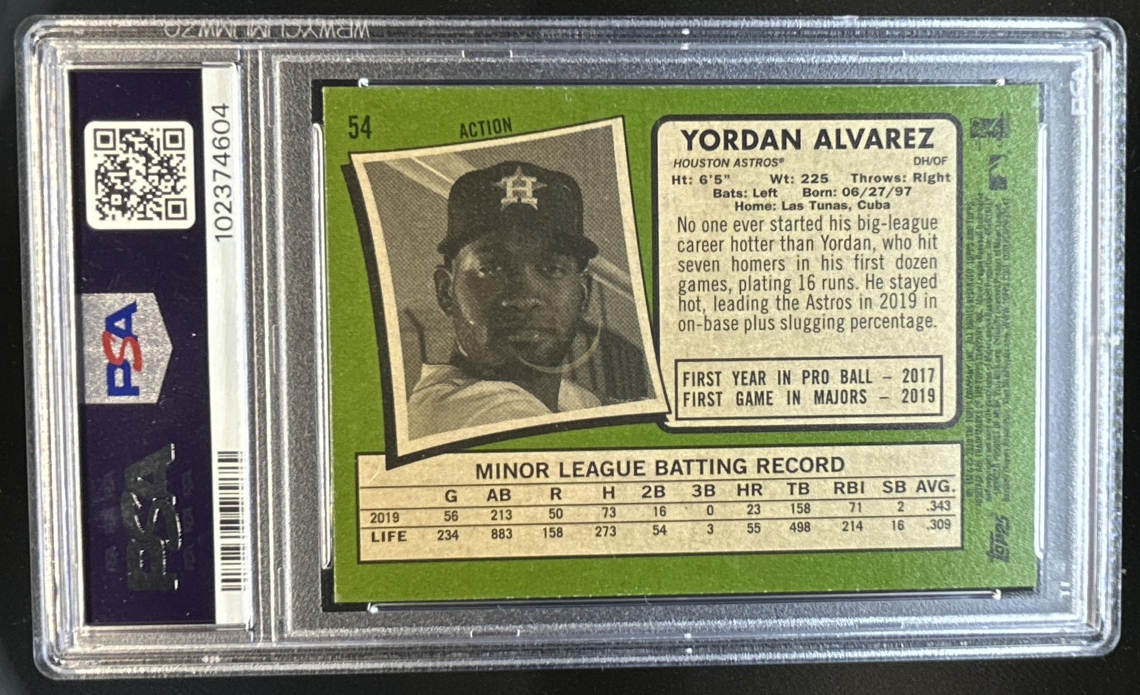2020 Topps Heritage Yordan Alvarez Rookie RC #54d Astros PSA 10 GEM MINT view 2
