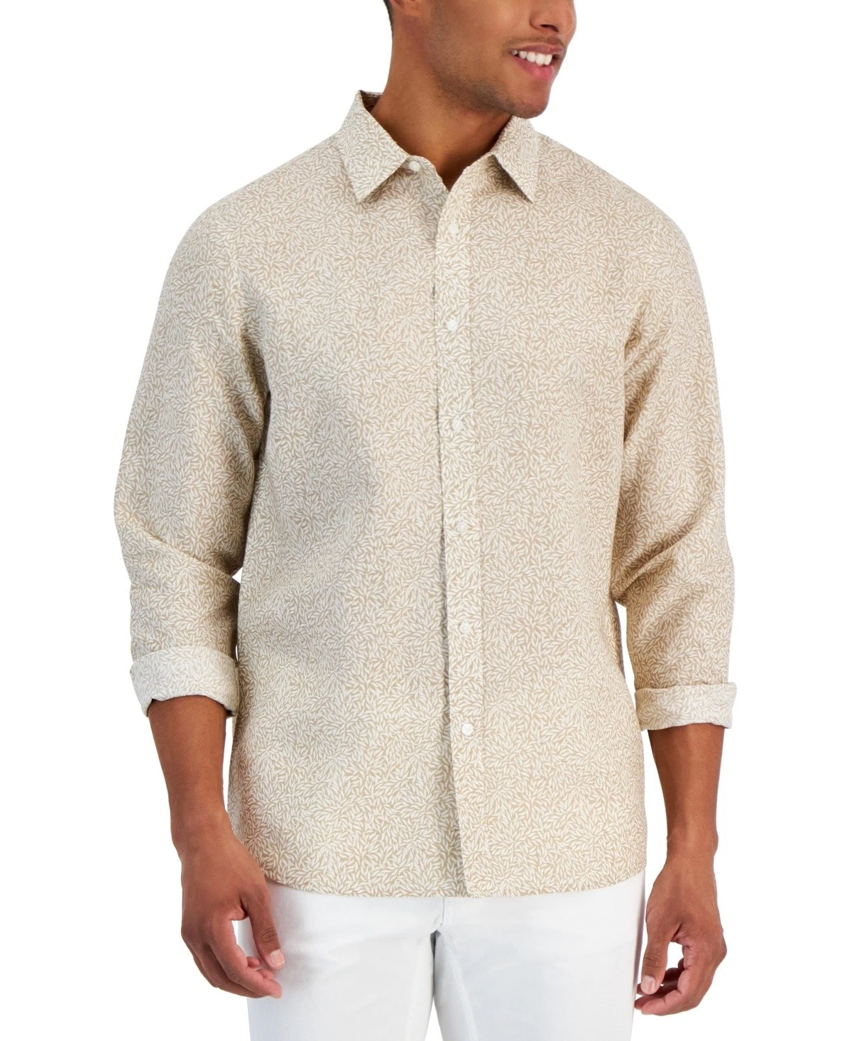 Michael Kors Men's Classic-Fit Leaf Print Long Sleeve Shirt-Khaki-Large