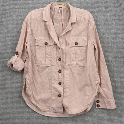 Free People Shirt Womens XS Pink Linen Cotton Button Down Roll Tab Utility Top