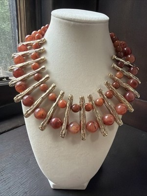 Vintage Statement Amber Bead Bib Necklace Artisan Runway Boho