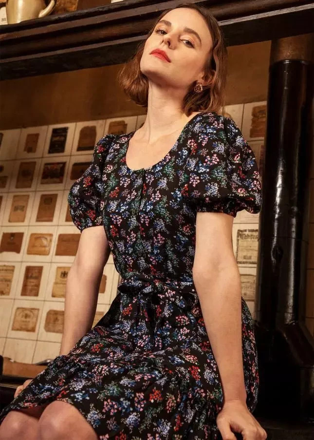 FRNCH Ditsy Floral Dress Short Puff Sleeve Self Tie Belt Pockets 8 Uk BNWT Multi
