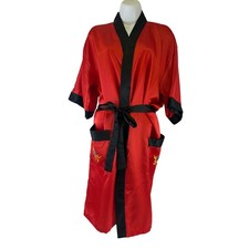 Red Dragon Robe Embroidered Satin Kimono Unisex Large Black Trim Tie Belt Knee