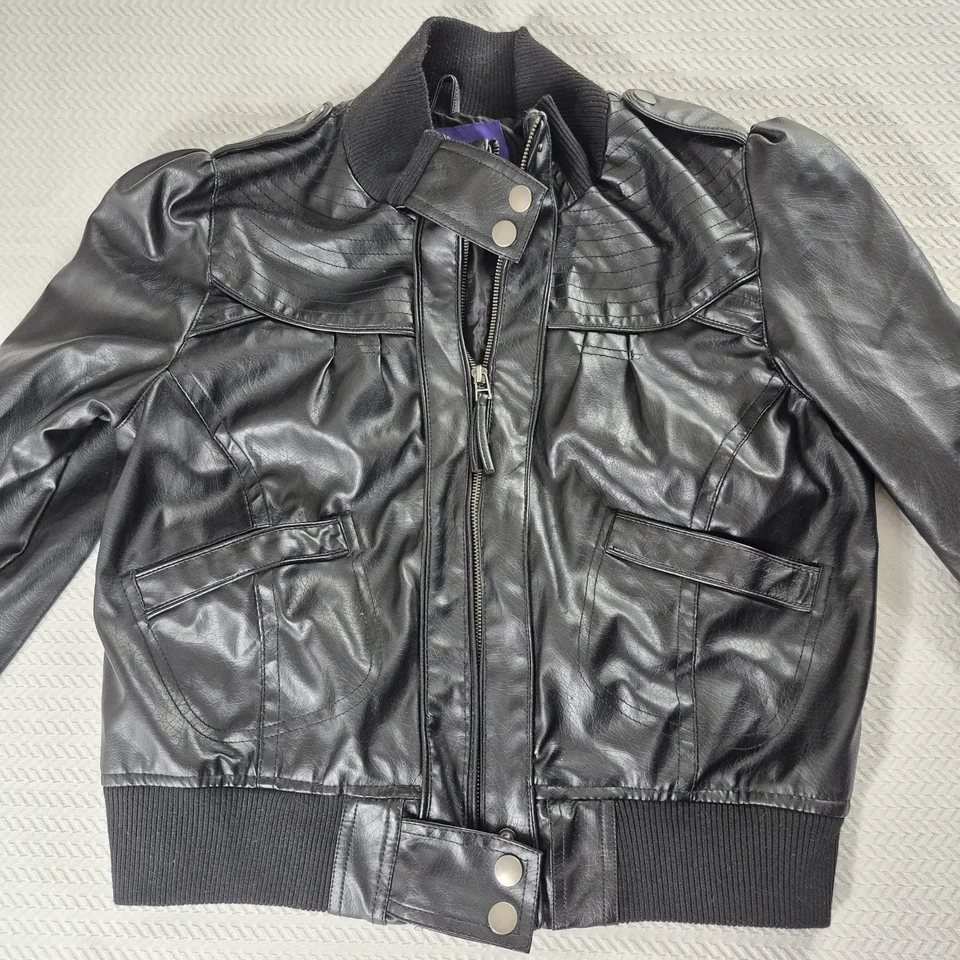 Miley Cyrus Max Azria XL Jacket Black Faux Leather Bomber Cropped Y2K Womens - Image 3 of 4