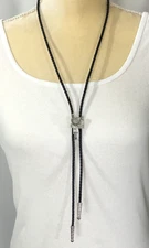 Saddle Bolo Tie Slide Braided Leather Western Rhinestone - Vintage