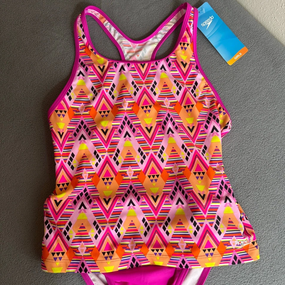 Speedo Racerback Tankini 2 Piece Swim Suit Girls 16 Pink Orange 7776804 - Image 3 of 4